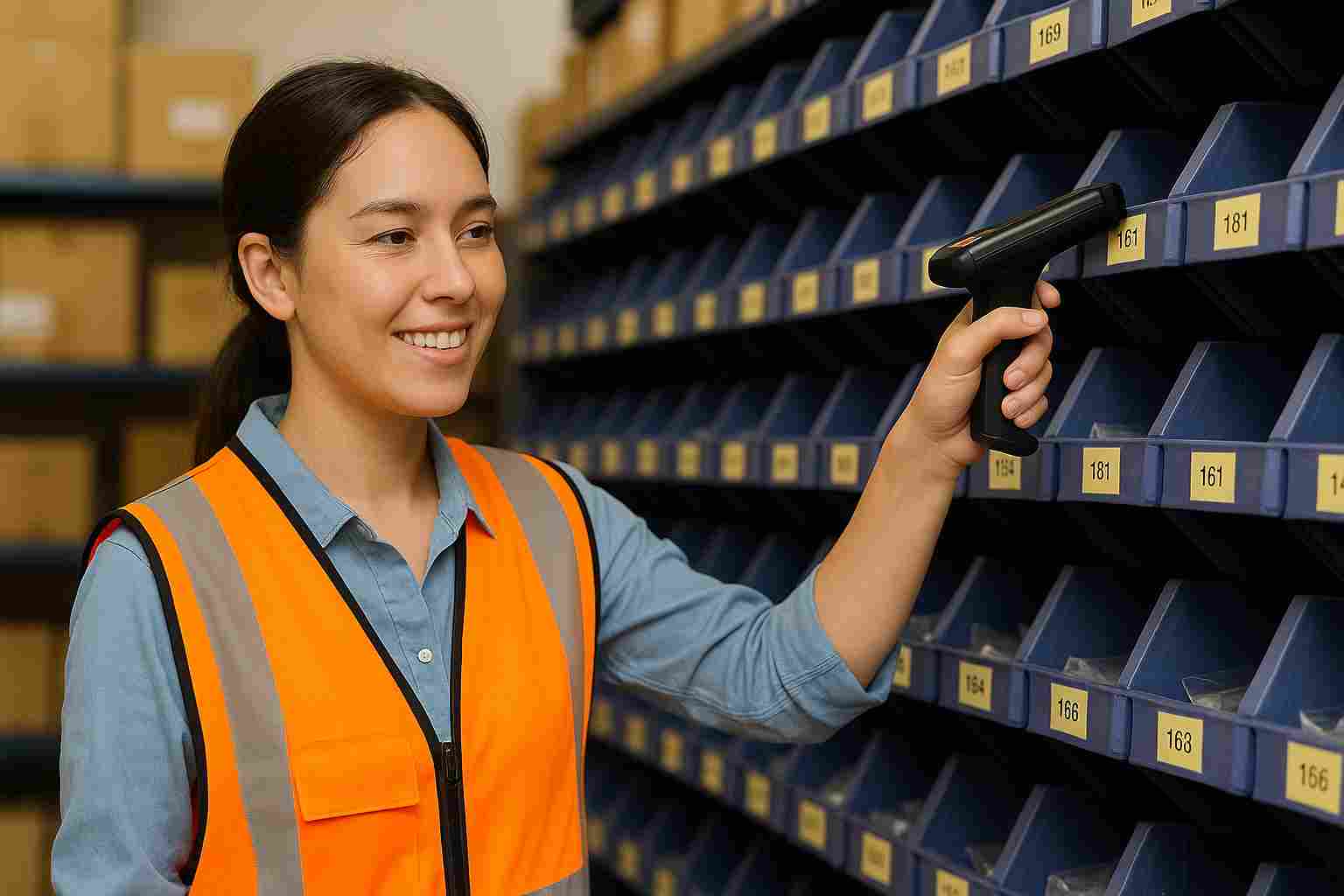 Female warehouse worker scanning inventory in a fulfillment center