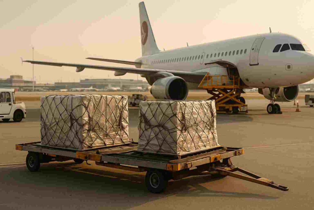 Cargo being loaded onto an airplane for international shipping, representing first-mile transportation in global logistics