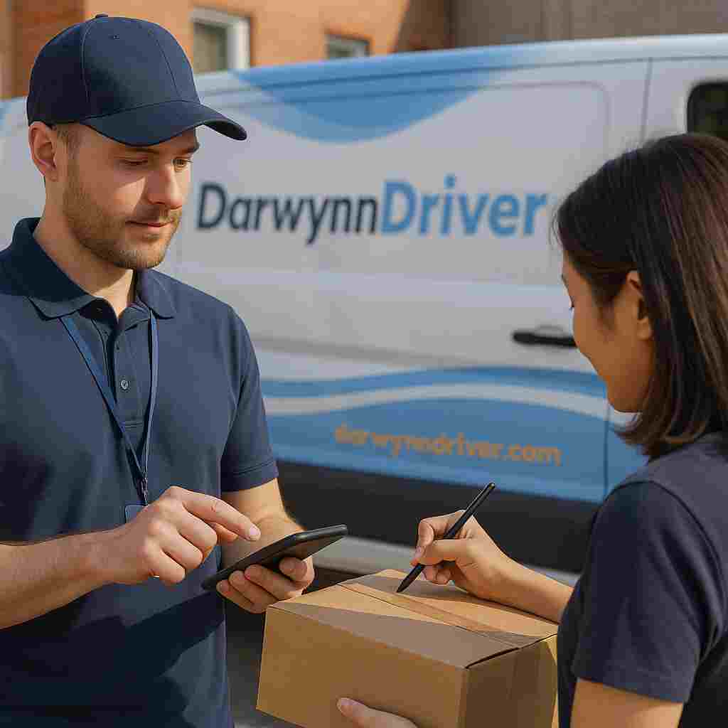 Delivery driver confirming package hand-off as customer signs for final receipt