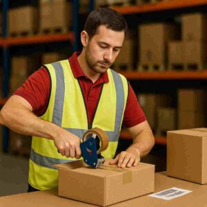 Warehouse worker sealing a package for shipment during order processing phase in fulfillment center