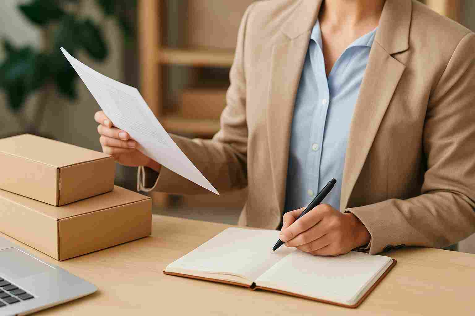 Woman reviewing procurement documents with cardboard boxes on desk, illustrating product sourcing process in a supply chain setting
