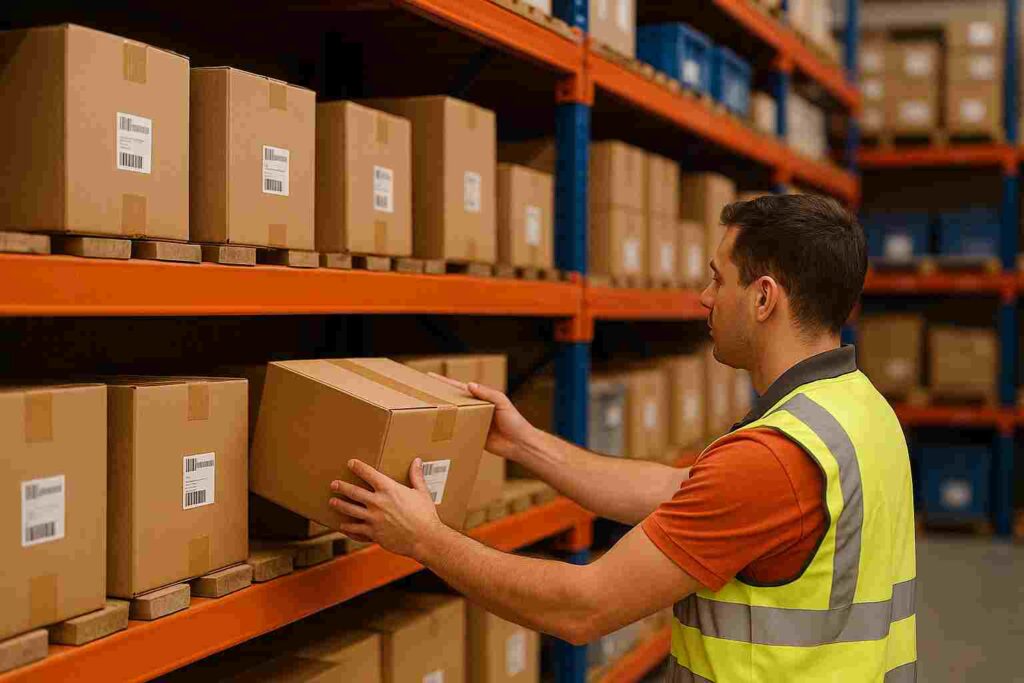 Warehouse worker placing labeled boxes on shelves during SKU-based inventory receiving process